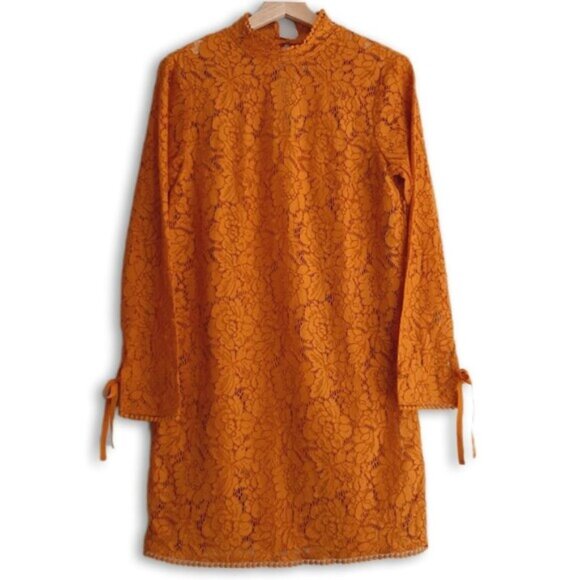 H&M / Floral Lace Pom-Pom Trim Long Sleeve Knee Length Dress Mustard Yellow Sz S - Picture 2 of 16